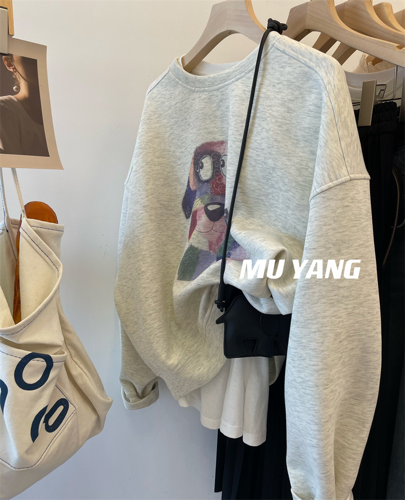 美式復古灰色衛衣女春秋季薄款寬鬆慵懶風小個子上衣