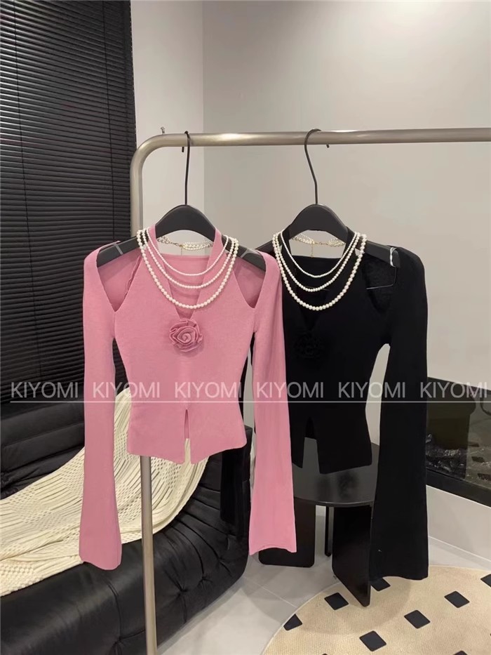 KIYOMI2023 new autumn style pure lust hottie hollow off-shoulder long-sleeved sweater women's halter neck flower top