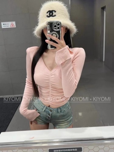 DAISYJING new style pure lust style slim pleated flower design long-sleeved knitted inner top for women