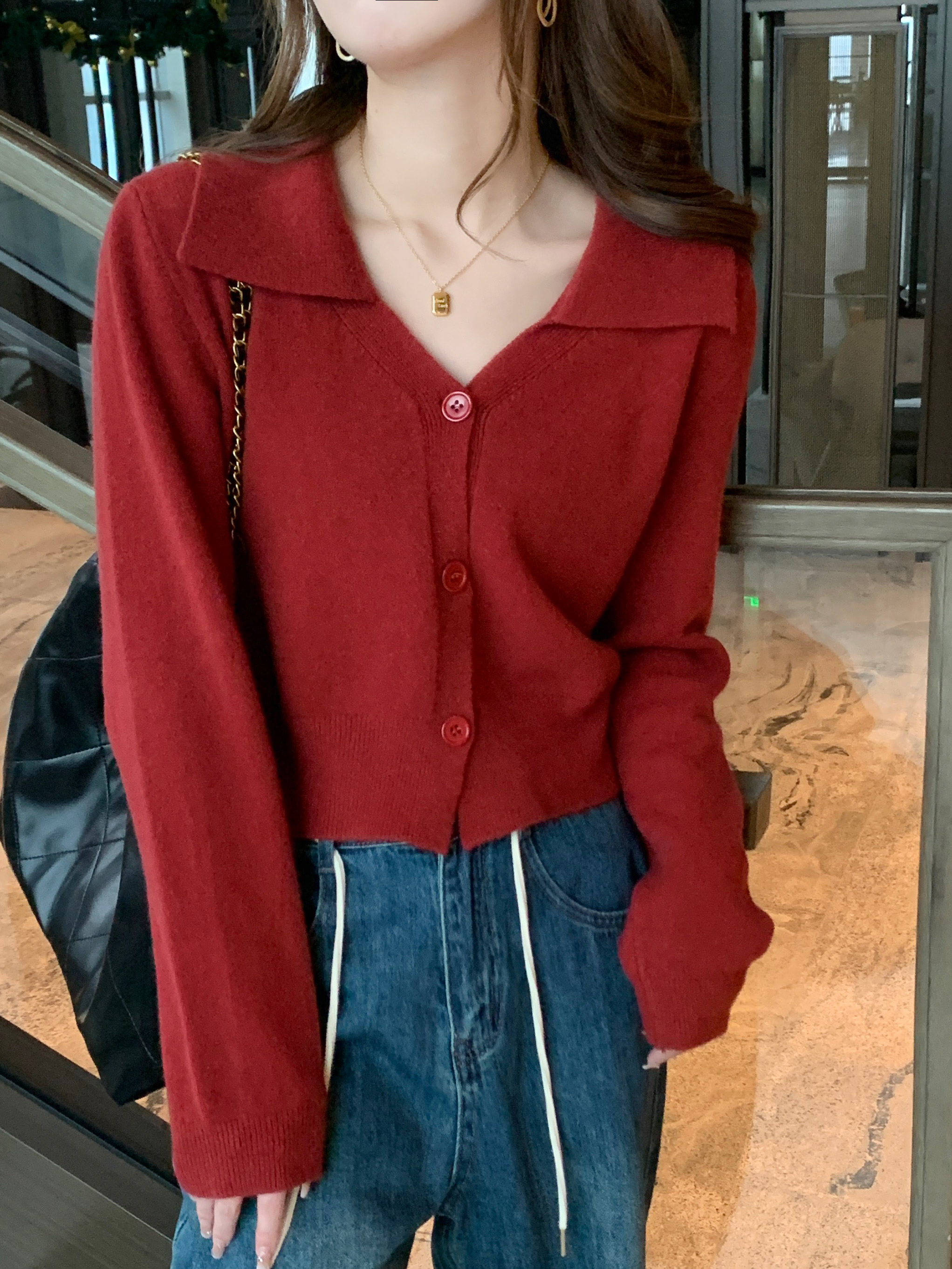 Red Sweater Jacket Knitted Cardigan Autumn Wear 2023 New Lapel High-Quality Western Top