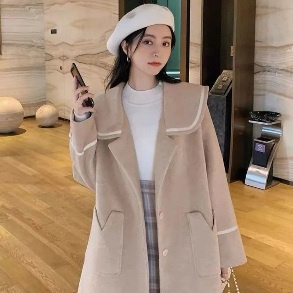 College style coat women's mid-length woolen coat women's autumn fashion loose woolen coat for small people