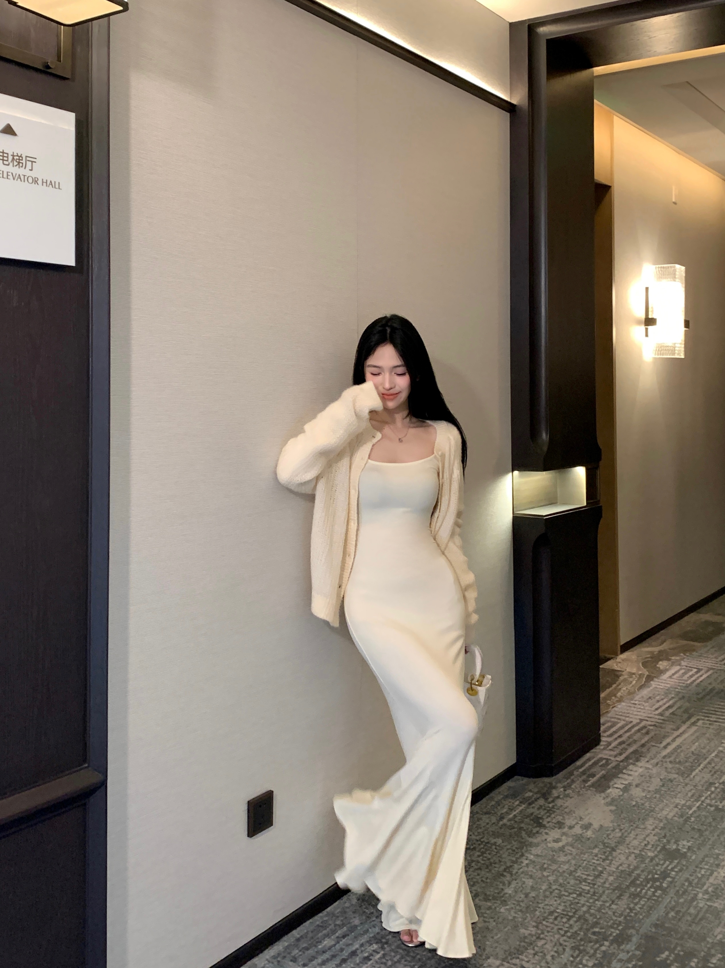 Actual shot of Bubu Shenglian long-sleeved fishtail dress, autumn French style waist-cinching long skirt