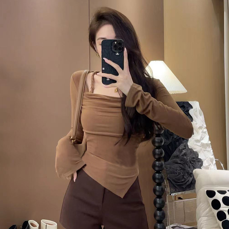 黑色方領不規則長袖t恤女2023新款早秋季內搭打底衫修身短款上衣