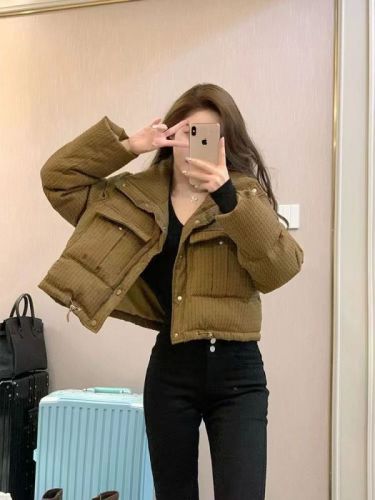 Brown coffee short down jacket for women  winter Korean version small stand-up collar thickened plaid bread jacket
