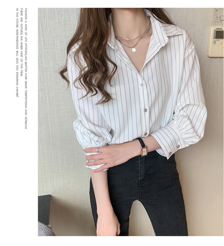 春款女裝女小眾上衣復古港味白色條紋襯衫設計感輕熟疊穿襯