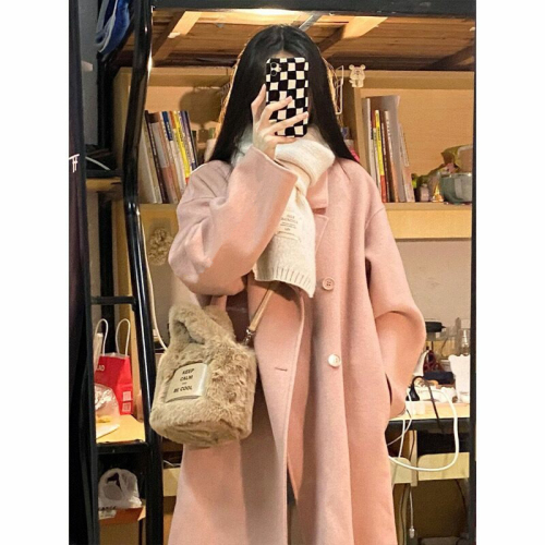 Pink woolen coat for women 2023 autumn and winter new woolen coat Hepburn style small Korean style thickened in winter