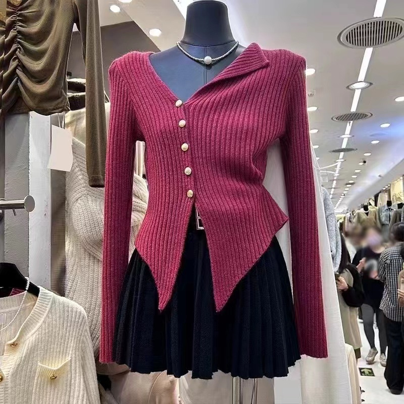 Thirteen Lines Autumn and Winter Design Slant Collar Short Slim Fit Hot Girl Irregular Pit Striped Knitted Cardigan Top Women