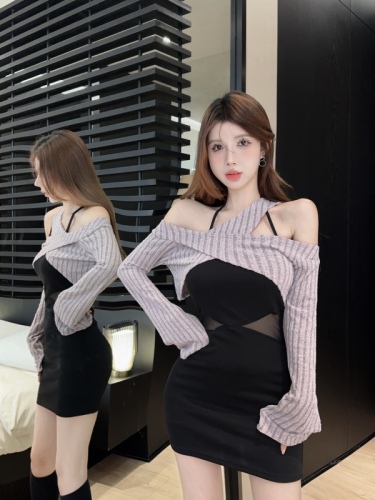 Real shot of sexy mesh dress for women, two-piece set with shawl and top