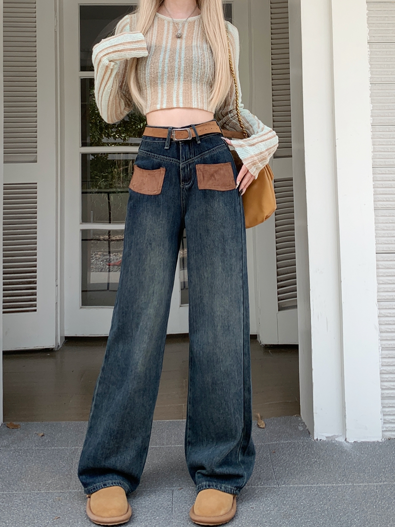 Actual shot#New high street ins straight denim trousers for women with design pockets, loose wide-leg floor-length trousers