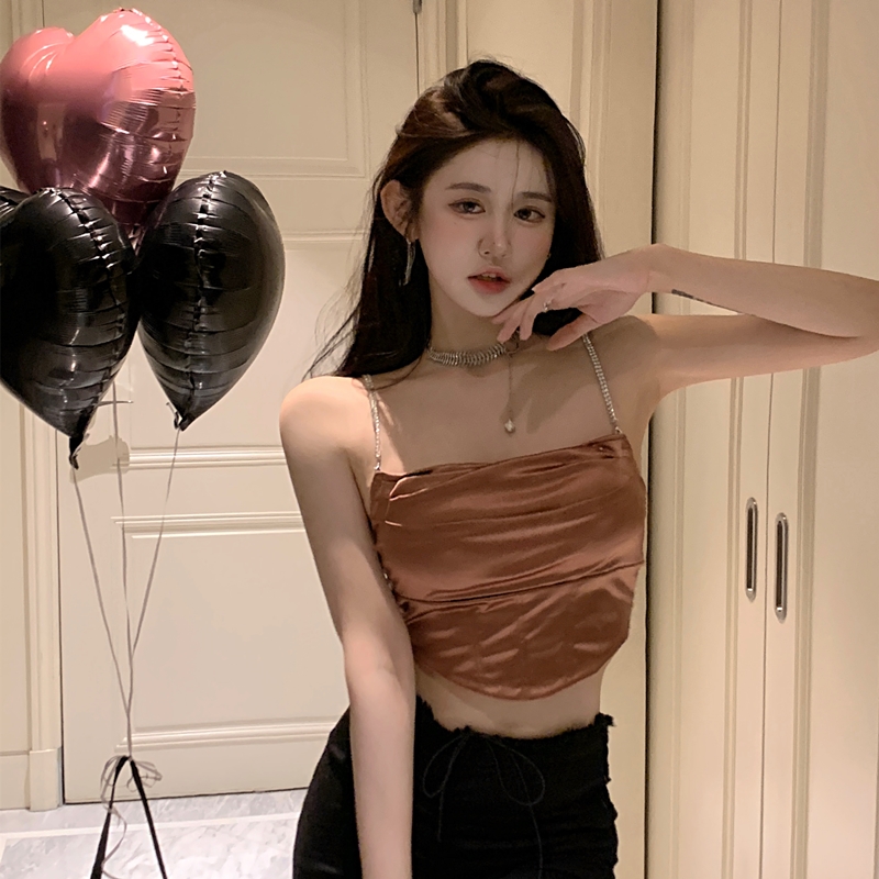 Actual shot ~ Tipsy Series Maillard coffee pleated satin straps shiny diamond shoulder straps free bra