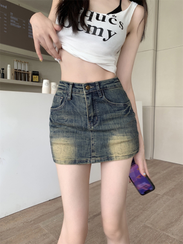 Actual shot ~ American retro embroidered denim skirt for women, washed anti-exposure elastic hip-covering skirt and culottes