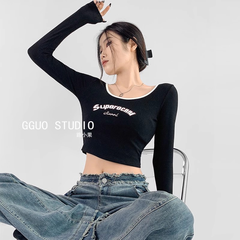 European and American style summer navel-baring long-sleeved T-shirt for women summer street hotties tight-fitting bottoming shirt short top