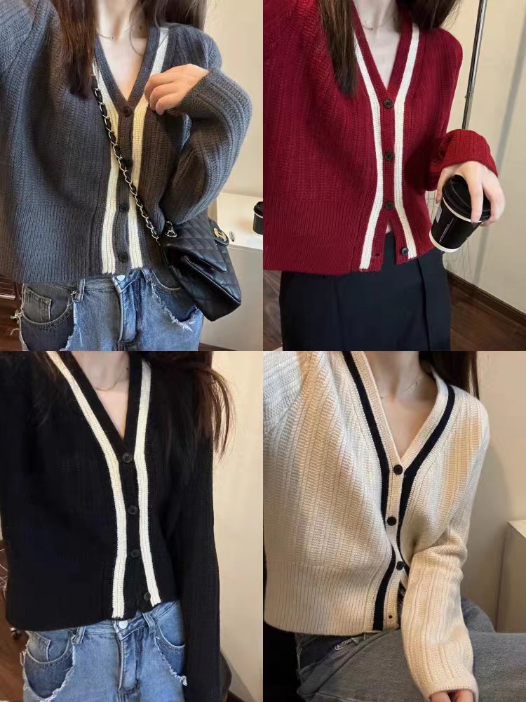 Korean new style contrasting color knitted cardigan with v-neck short petite base layer sweater women's autumn and winter coat