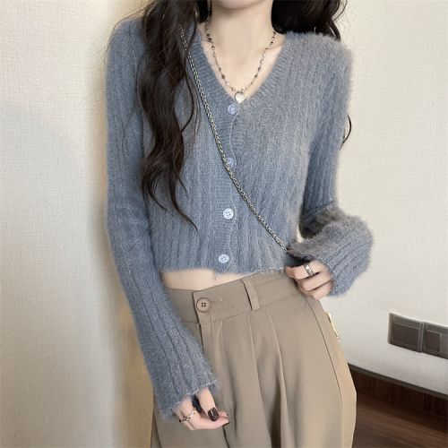 Real shot of mohair sweater, autumn and winter lazy style warm top, versatile short knitted cardigan jacket