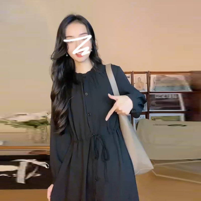 Hepburn style black long-sleeved shirt dress for women 2023 new early autumn French style high-end long skirt