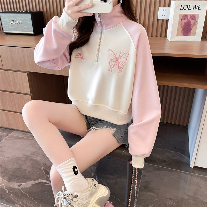 實拍 秋裝韓版寬鬆華棉複合POLO領卡通刺繡短款薄款衛衣女