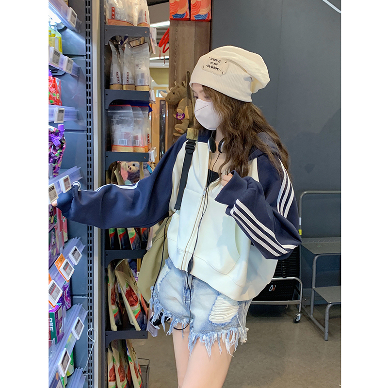 Women's Thin Sweatshirt Hooded Spliced ​​Back Stripe Double-layered Hat