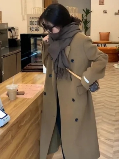 Korean woolen coat for women 2023 autumn and winter new style mid-length Korean style loose long-sleeved woolen coat for small people trendy