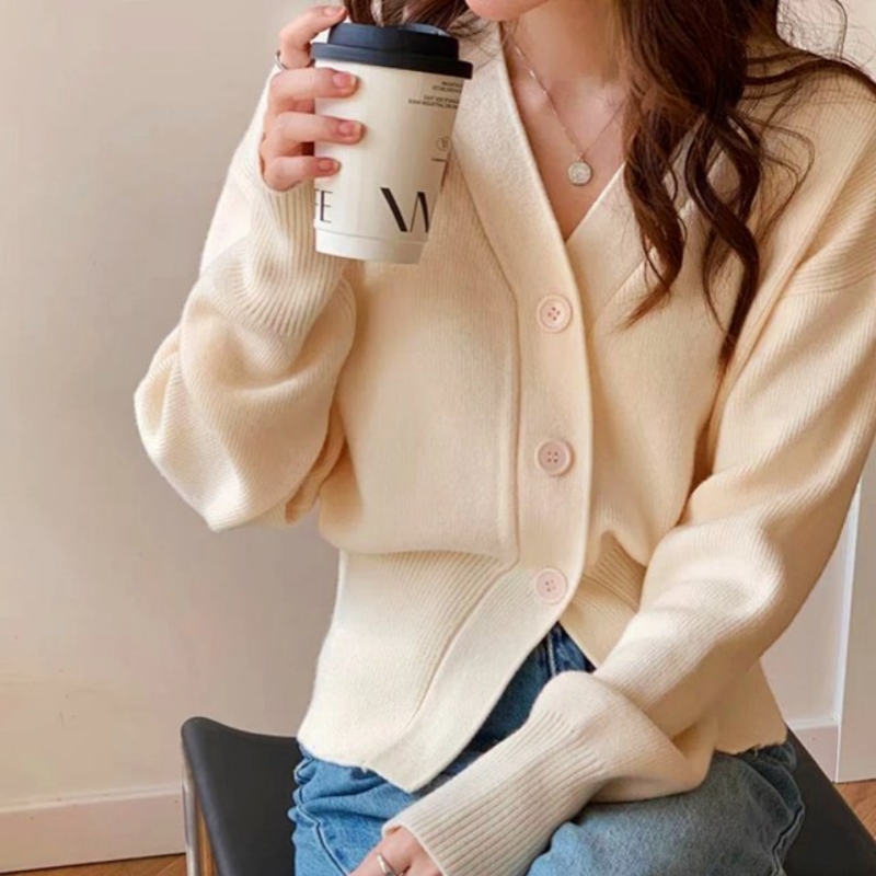 French gentle white v-neck knitted cardigan autumn and winter new high-end lazy style waisted short sweater jacket
