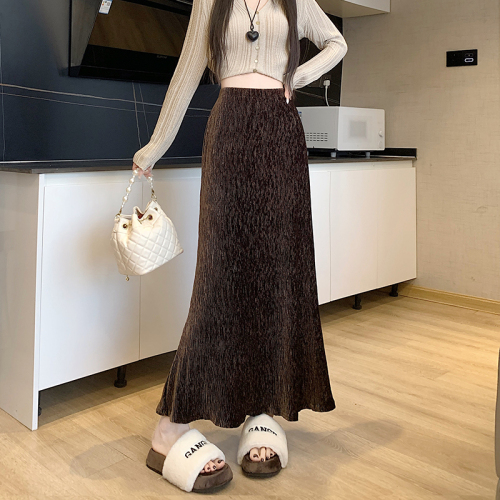 实拍 秋冬韩版复古显瘦中长包臀鱼尾裙高级感气质丝绒半身裙