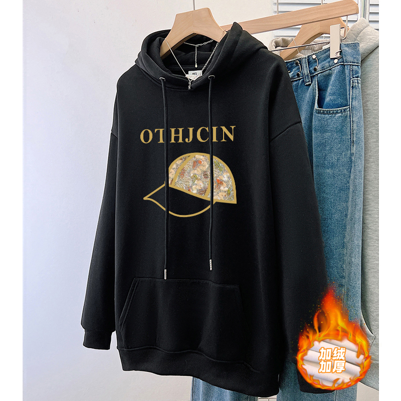Actual shot of plus size women's clothing 2023 autumn and winter new hooded sweatshirt to cover the flesh and look slimming with velvet and thickening inner jacket and top