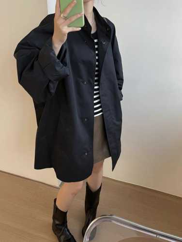 Korean chic autumn and winter retro thin lazy style stand-up collar loose casual long-sleeved mid-length windbreaker jacket for women