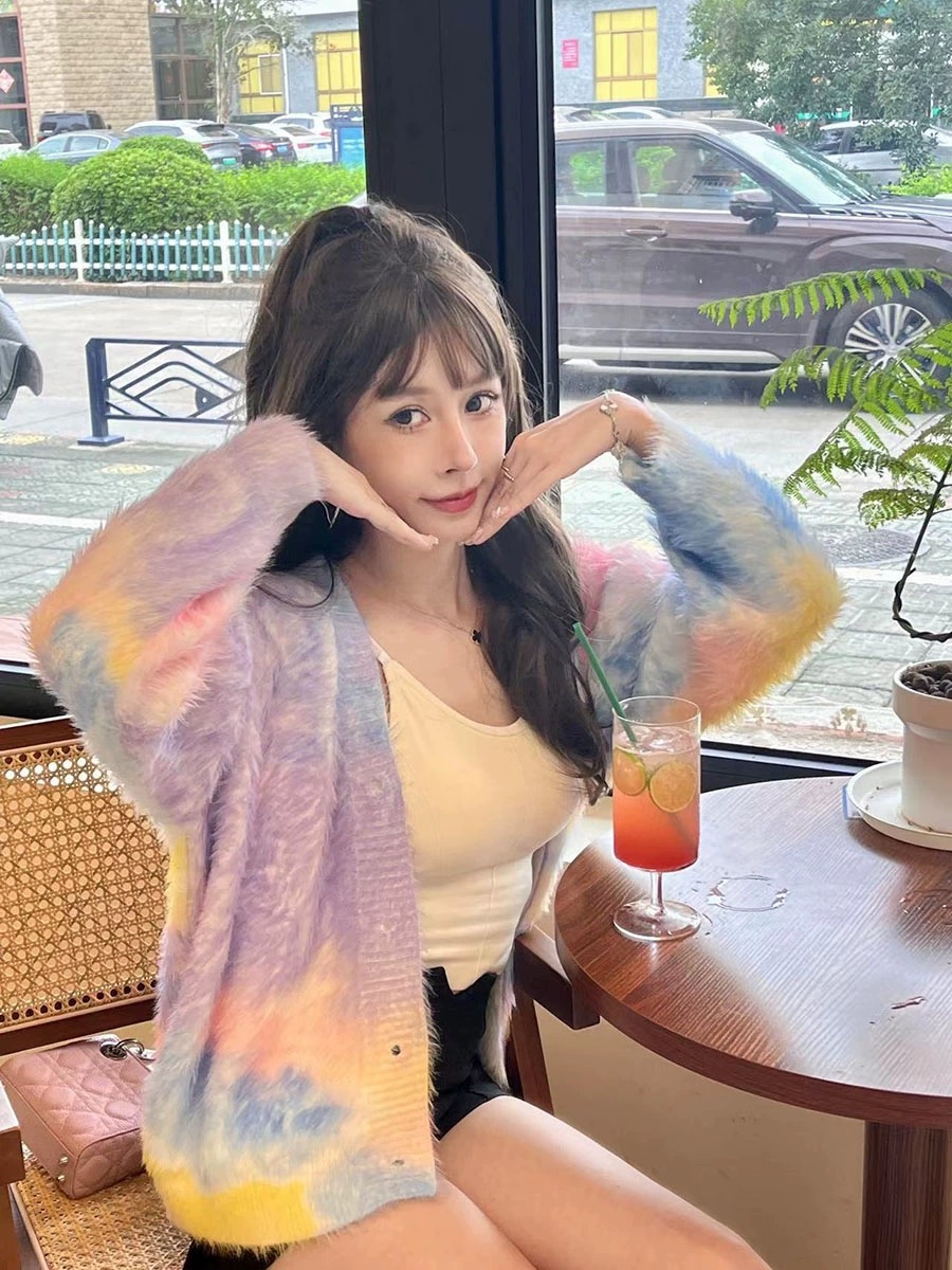 彩虹毛衣女2023新款秋冬外穿毛線衣日系毛絨寬鬆毛衣開衫上衣