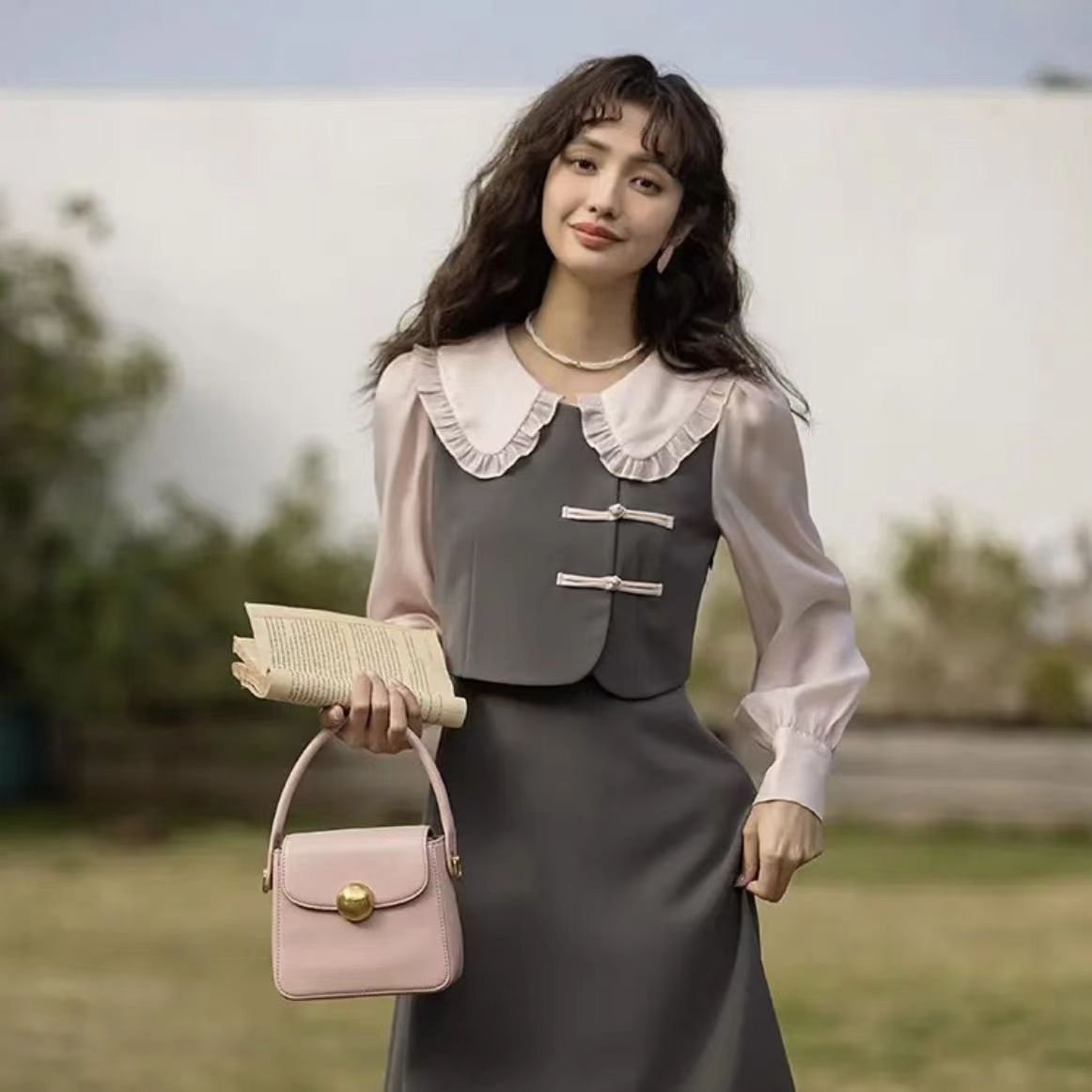 Fake two-piece doll collar long-sleeved dress for female students spring and autumn new new Chinese style waist slimming long dress