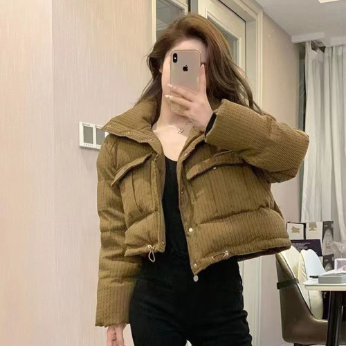 Brown coffee short down jacket for women  winter Korean version small stand-up collar thickened plaid bread jacket