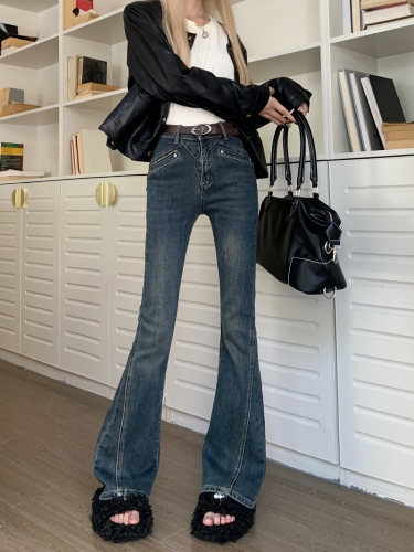 Actual shot #New micro-flared denim trousers for women with design sense stitching slim fit stretch pants