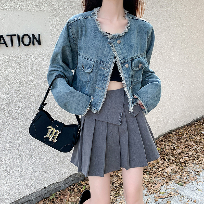 Real shot~Salt denim jacket women's autumn 2023 new style raw edge jacket temperament long-sleeved top