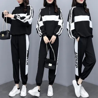 Velvet and thickened large size women's clothing for fat mm middle school students slimming two-piece spring and autumn sportswear suit