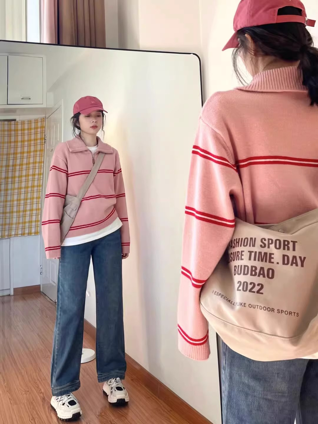 Korean retro contrast striped polo collar pink sweater women's autumn and winter small pullover lapel sweater top