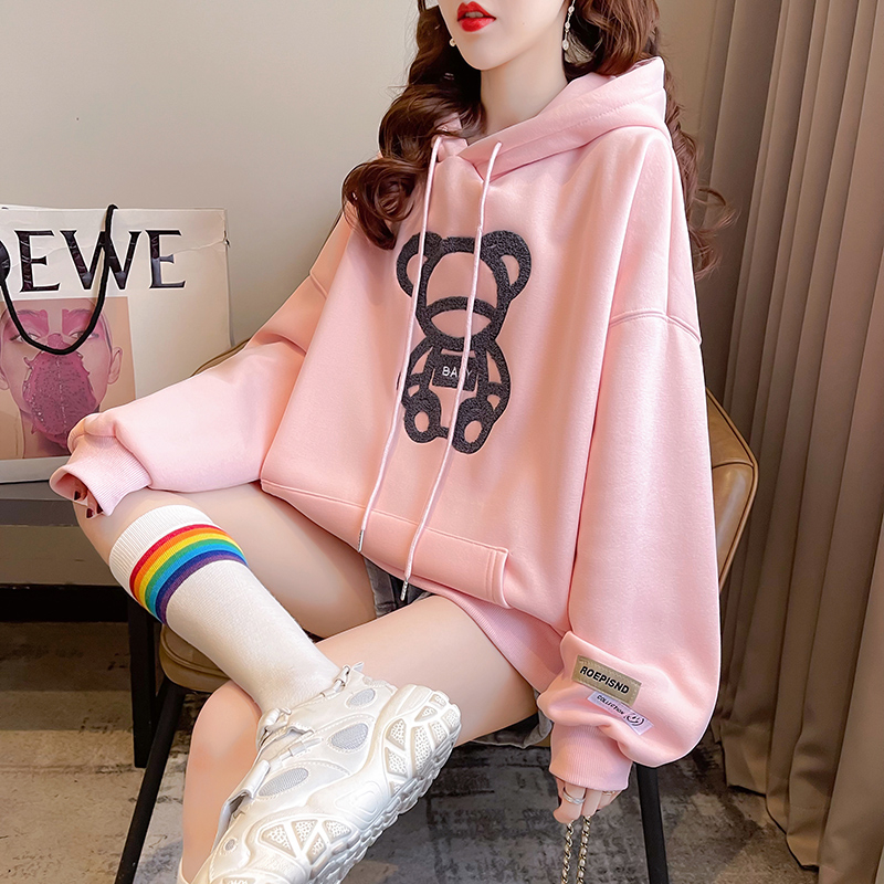 Real shot of autumn and winter fish scale composite anti-super plus velvet and thickened hooded cartoon embroidery large size women's sweatshirt