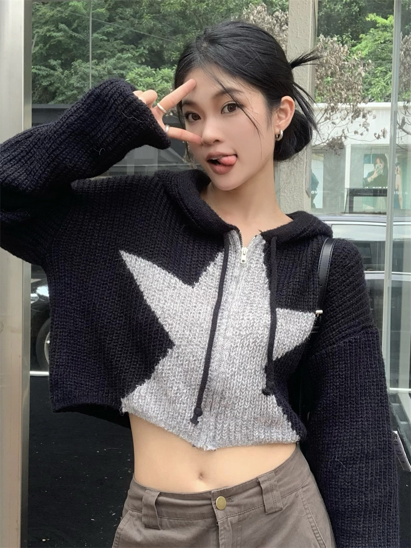 Real shot of retro design star pattern hooded zipper short slim thickened knitted sweater jacket