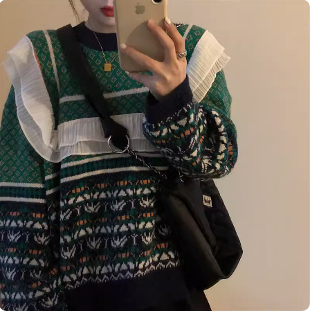 設計感拼色荷葉邊針織衫上衣女秋冬寬鬆外穿慵懶風加厚套頭毛衣