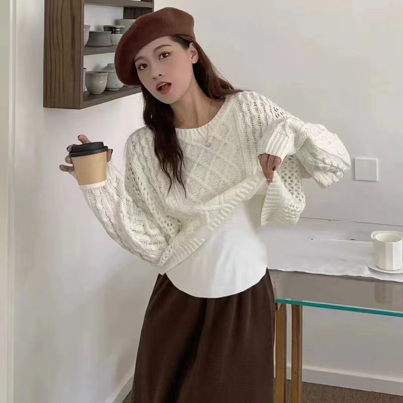 Korean Style Breast Sweater High-end Retro Soft Lazy Style Brown Knitted Sweater Two-piece Top for Women