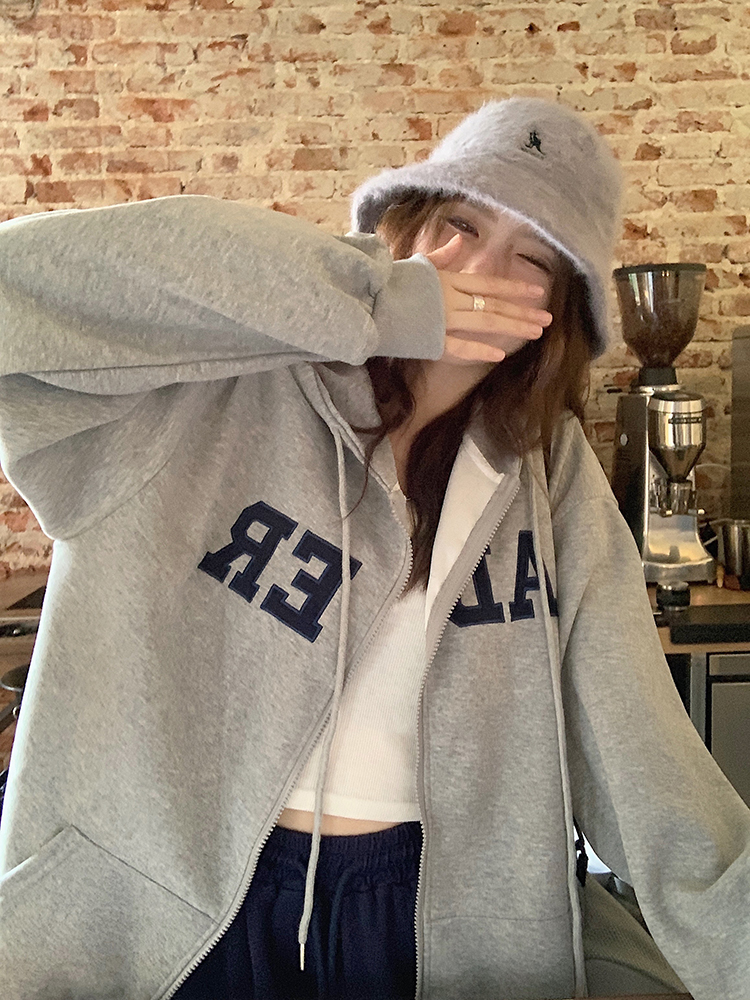 Big fish scale 260g 100% polyester thin sweatshirt women's hooded letter embroidery back strip double hood