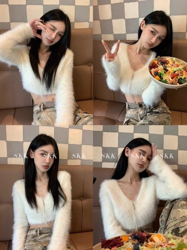 Skk Store Choking Hot Girl feels slim and imitation mink knitted short cardigan sweater jacket for women