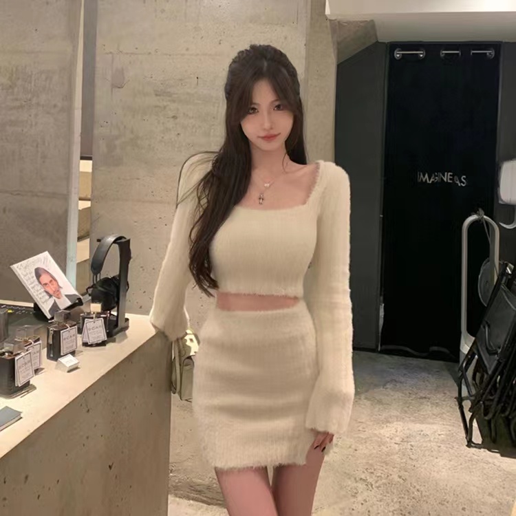 JMSHOP 奶fu姐姐 仿貂絨針織衫絕美小裙子兩件套包臀半裙純欲套裝