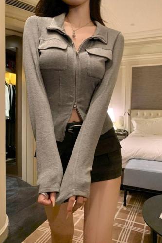 灰色高级感外套女新款设计感修身显瘦开衫辣妹纯欲短上衣