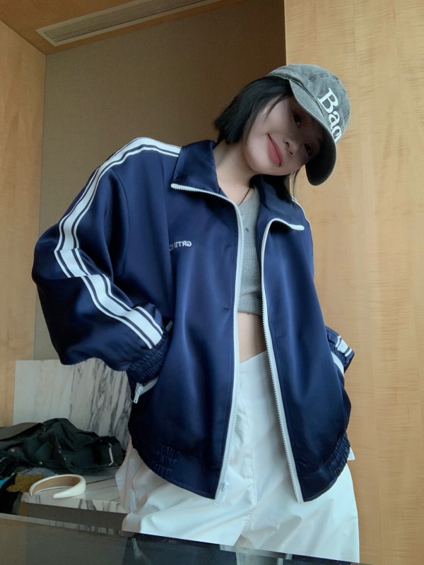 實拍 百搭棒球服女美式復古運動外套顯瘦早秋開衫短款上衣
