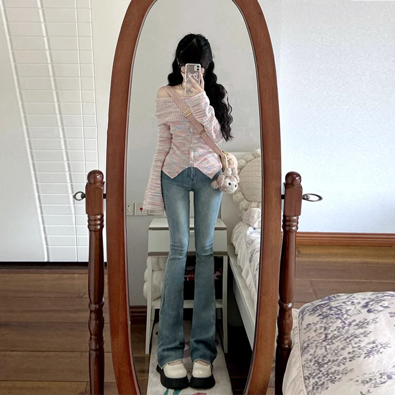 Pure Desire Hot Girl One Shoulder Pink Striped Sweater Women's Autumn 2023 New Slim Fit Long Sleeve Knitted Top