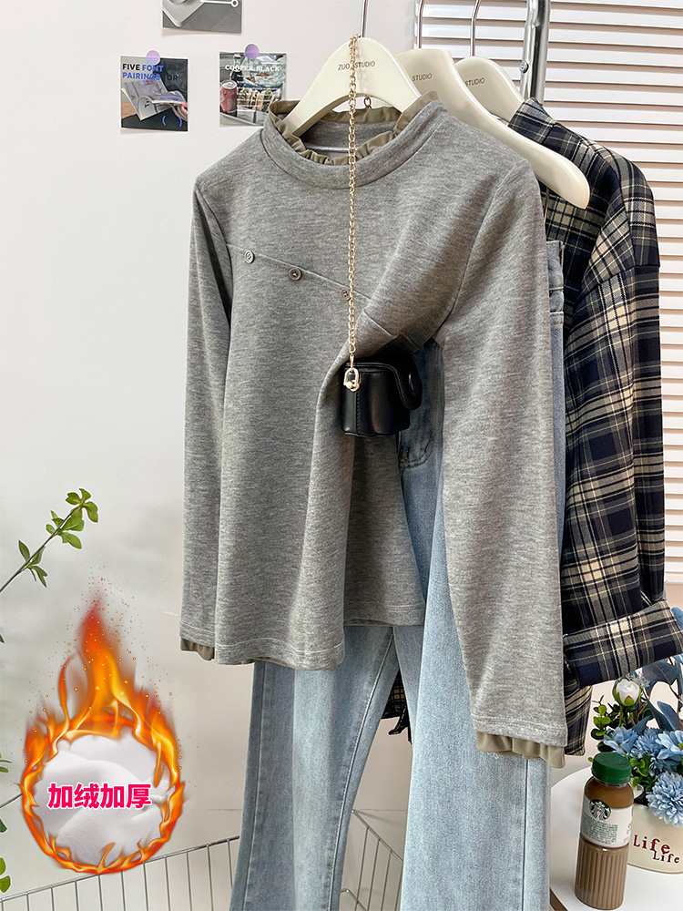Real shot of cashmere semi-turtle collar German velvet bottoming shirt for women to wear in autumn and winter with velvet thickened long-sleeved T-shirt