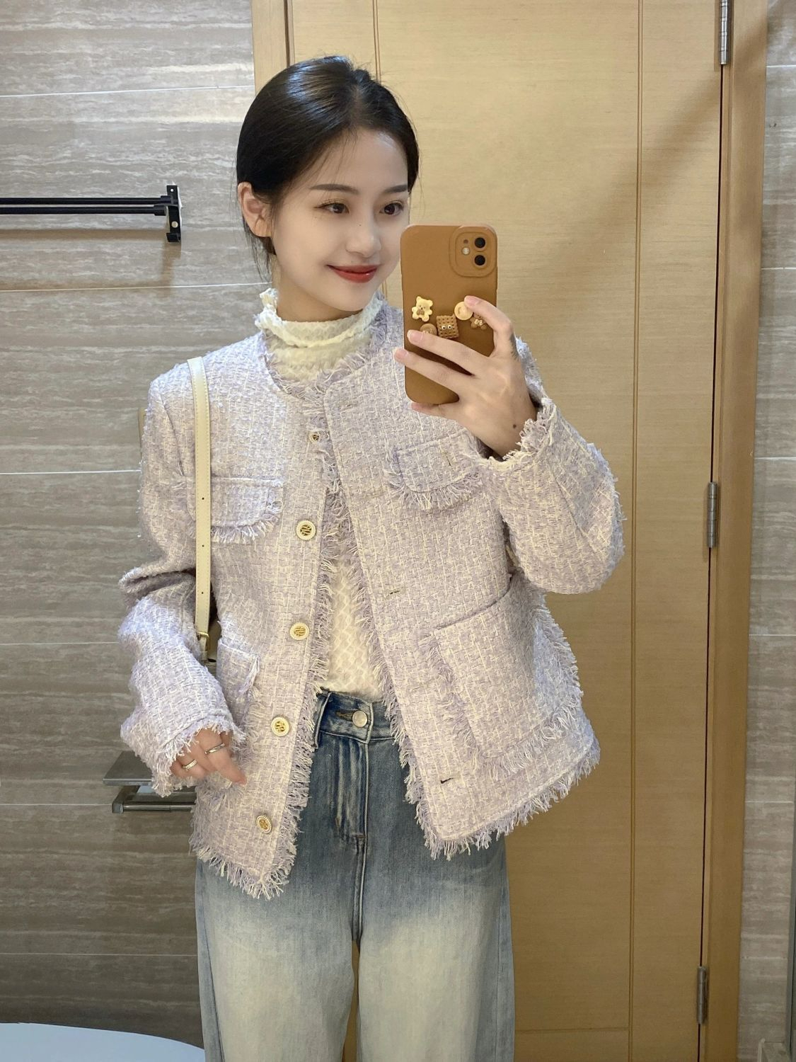 French sweet temperament small fragrance short taro purple jacket women's 2023 early autumn high-end tops