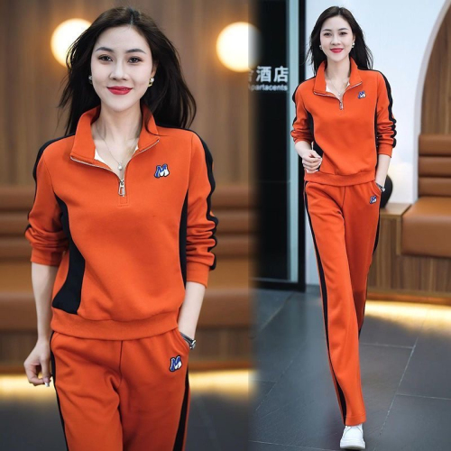 Casual sports suit for women  spring and autumn new Korean version stand collar loose slimming running suit two-piece set