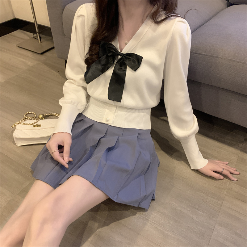 Bow-knotted lazy style sweater jacket for women in autumn and winter 2023 new trendy style knitted cardigan top