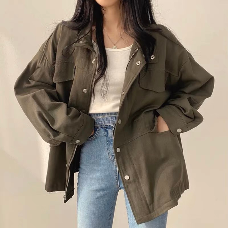 韓國chic秋季復古氣質假口袋設計抽繩收腰顯瘦工裝夾克風衣外套女