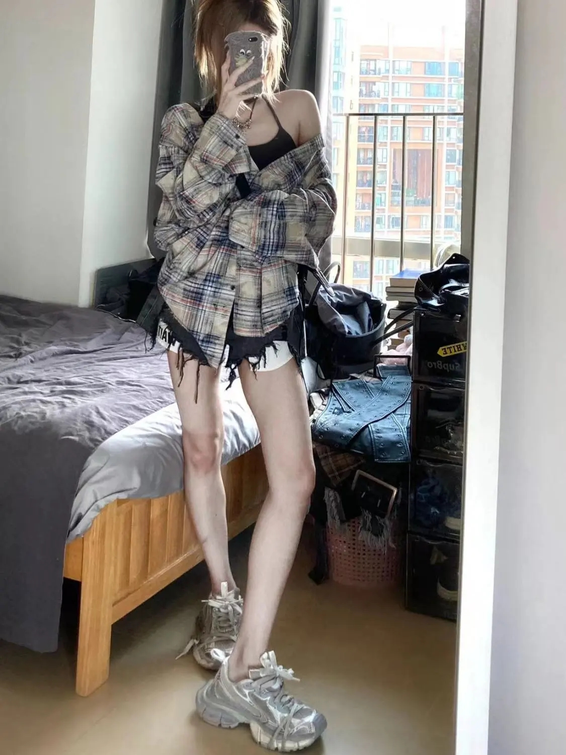 新款高級感格子襯衫女秋季撞色拼接防曬襯衣美式復古開衫外套