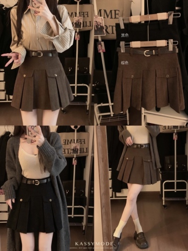 Actual shot ~ Autumn and winter slim A-line pleated skirt corduroy skirt